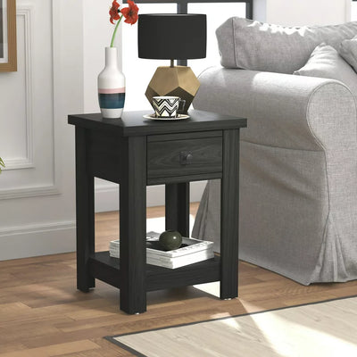 Coover Wood Rectangular End Table with 1 Drawer, Black**New in box**