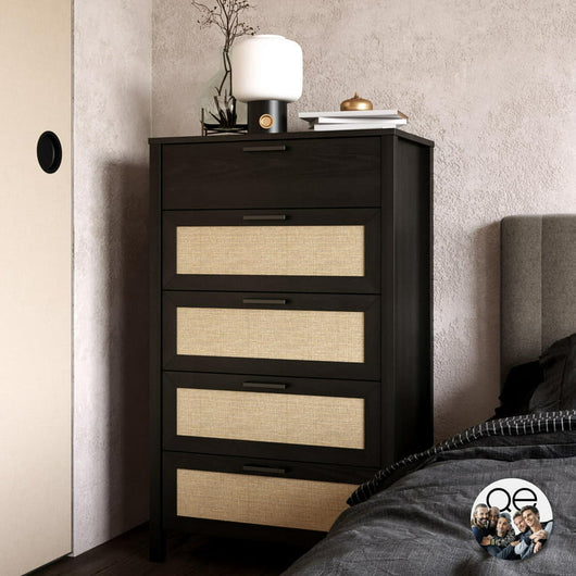 Queer Eye Wimberly 5 Drawer Dresser, Black Oak with Faux Rattan**New in box**