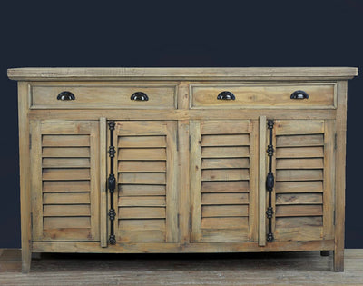 Sunset Trading Cottage Shutter Door Credenza Solid Wood Sideboard | Fully Assembled Cabinet Buffet Server, 58" Wide, Distressed Driftwood Brown!