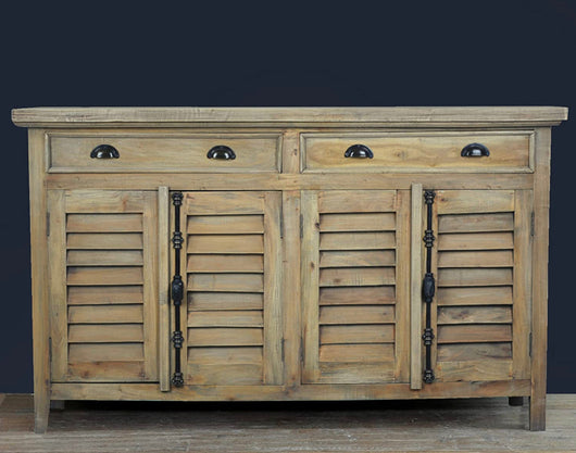 Sunset Trading Cottage Shutter Door Credenza Solid Wood Sideboard | Fully Assembled Cabinet Buffet Server, 58" Wide, Distressed Driftwood Brown!