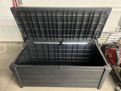 Keter Brightwood Outdoor Plastic Deck Box, All-Weather Resin Storage, 120 Gal, Anthracite Gray- NEW AND ASSEMBLED!!! (Cracked from shipping)