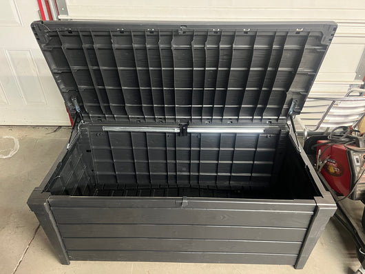 Keter Brightwood Outdoor Plastic Deck Box, All-Weather Resin Storage, 120 Gal, Anthracite Gray- NEW AND ASSEMBLED!!! (Cracked from shipping)