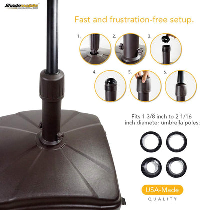 Shademobile Outdoor Umbrella Stand w/ Easy Rolling Base (up to 125lb) Heavy Duty Universal Design for Weighted Commercial Patio & Deck Big Mobile Sun Shade w/ Hidden Wheels | Bronze, Black, Sandstone- NEW IN BOX!!!