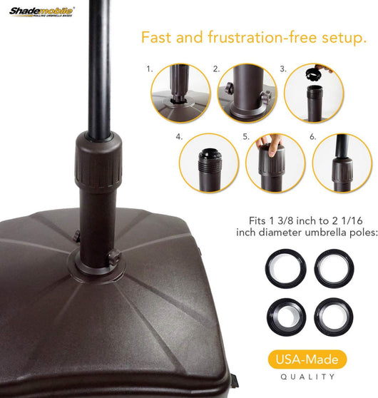Shademobile Outdoor Umbrella Stand w/ Easy Rolling Base (up to 125lb) Heavy Duty Universal Design for Weighted Commercial Patio & Deck Big Mobile Sun Shade w/ Hidden Wheels | Bronze, Black, Sandstone- NEW IN BOX!!!