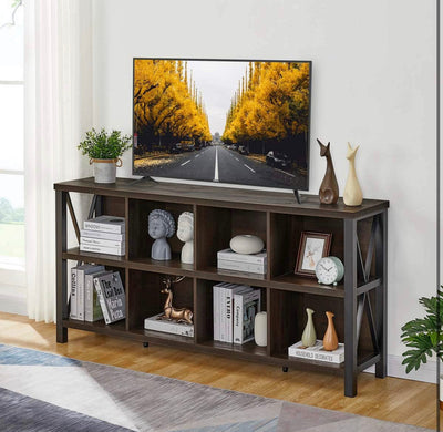FATORRI 8- Cube Storage Organizer Shelf, Rustic Wooden Shelf, Industrial Long Horizontal Shelf for Living Room ( walnut brown, 62 inches)!  -Brand new in the box