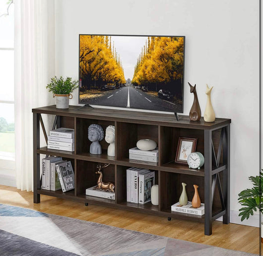 FATORRI 8- Cube Storage Organizer Shelf, Rustic Wooden Shelf, Industrial Long Horizontal Shelf for Living Room ( walnut brown, 62 inches)!  -Brand new in the box