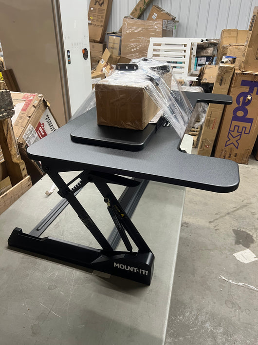 Mount-It! Sit Stand Standing Desk Converter with Dual Monitor Mount, Black!! NEW OUT BOX, MINOR DAMAGE FROM SHIPPING HARDLY NOTICEABLE!!