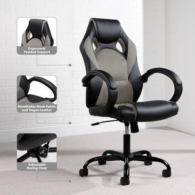 OFM High Back Video Game Chair, Gray, Faux Leather**New and assembled,minor tear from shipping**