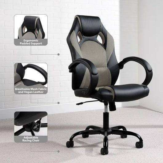 OFM High Back Video Game Chair, Gray, Faux Leather**New and assembled,minor tear from shipping**