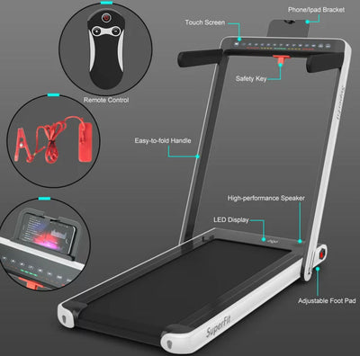 SuperFit 2.25HP 2 in 1 Dual Display Folding Treadmill Jogging Machine W/APP Control White- NEW OUT OF BOX!!! (Minor crack/scratch from shipping)
