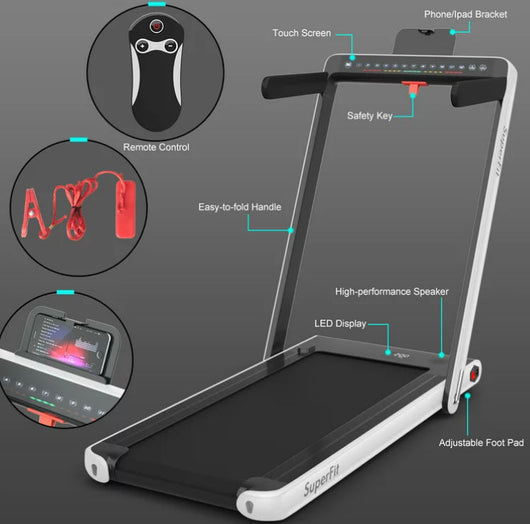 SuperFit 2.25HP 2 in 1 Dual Display Folding Treadmill Jogging Machine W/APP Control White- NEW OUT OF BOX!!! (Minor crack/scratch from shipping)