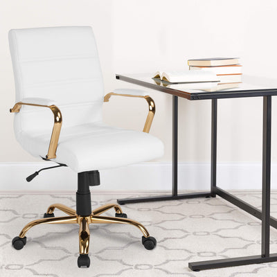 IKEA Desk Chair - White LeatherSoft Executive Swivel Office Chair with Gold Frame - Swivel Arm Chair**New and assembled**