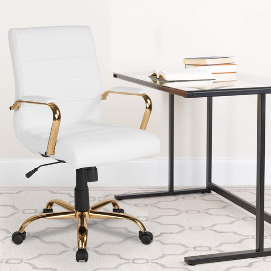 IKEA Desk Chair - White LeatherSoft Executive Swivel Office Chair with Gold Frame - Swivel Arm Chair**New and assembled**