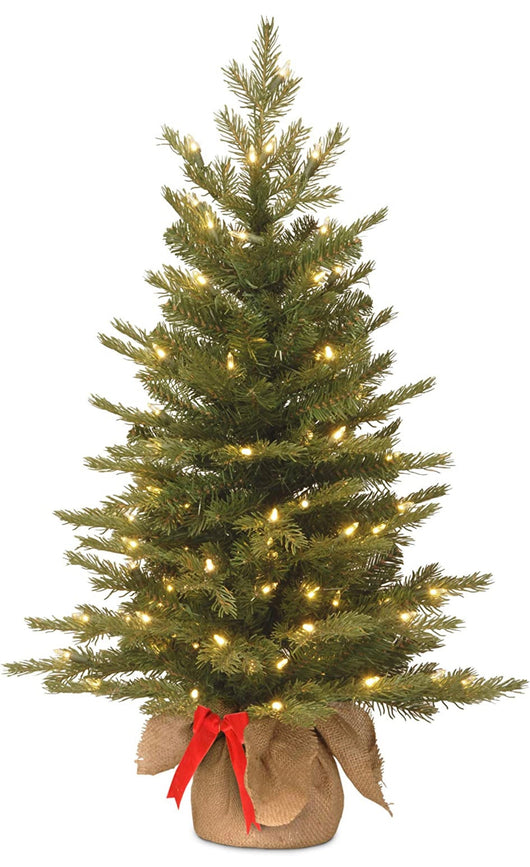 National Tree Company Pre-Lit 'Feel Real' Artificial Mini Christmas Tree, Green, Nordic Spruce, White Lights, Includes Burlap Bag Base, 3 Feet!! NEW OUT OF BOX!!