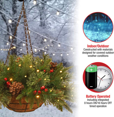 National Tree Company Pre-Lit 'Feel Real' Artificial Christmas Hanging Basket, Colonial, Decorated With Frosted Pine Cones, Berry Clusters, White Lights, Christmas Collection, 20 Inches- NEW IN BOX!!!!
