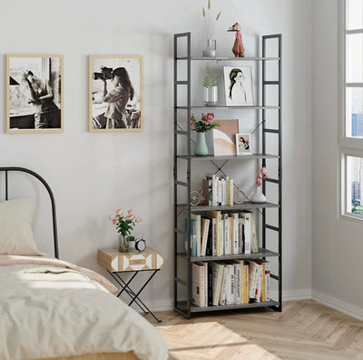 Homfa Industrial Bookcase 6-Tier, Free Standing Plant Flower Stand Rack Books Display Shelf with Metal Frame, Multipurpose Utility Organizer Shelf for Home Office, Gray- NEW IN BOX!!!