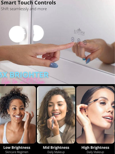 LUXFURNI Large Hollywood Vanity Mirror with 14 LED Lights Tabletop Wall Mount White- NEW IN THE BOX! (2 Light Covers Cracked)
