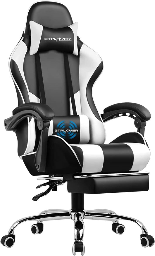 GTPLAYER Gaming Chair, Computer Chair with Footrest and Lumbar Support, Height Adjustable Game Chair with 360°-Swivel Seat and Headrest and for Office or Gaming (White)**New and Assembled**