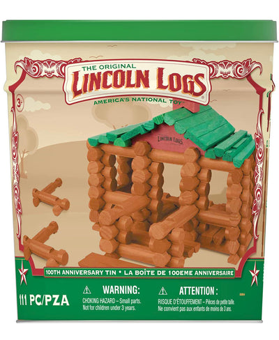 Lincoln Logs – 100th Anniversary Tin, 111 Pieces, Real Wood Logs - Ages 3+ - Best Retro Building Gift Set For Boys/Girls - Creative Construction Engineering - Preschool Education Toy- NEW (Dented Tin)