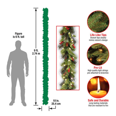 National Tree Company Pre-Lit Artificial Christmas Garland, Green, Crestwood Spruce, White Lights, Decorated with Pine Cones, Berry Clusters, Plug In, Christmas Collection, 9 Feet- NEW IN BOX!!!