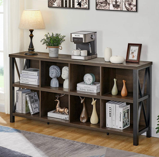 FATORRI 8- Cube Storage Organizer Shelf, Rustic Wooden Shelf, Industrial Long Horizontal Shelf for Living Room ( walnut brown, 62 inches)!  -Brand new in the box