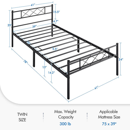 Yaheetech Twin Metal Platform Bed Frame Mattress Foundation with Headboard and Footboard Black**New in box**