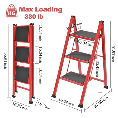 Kingrack 3-Step Stool, Household Folding Non-Slip Step Ladder, Collapsible Stool for Adults, 330lbs Capacity (Red)!  -Brand new