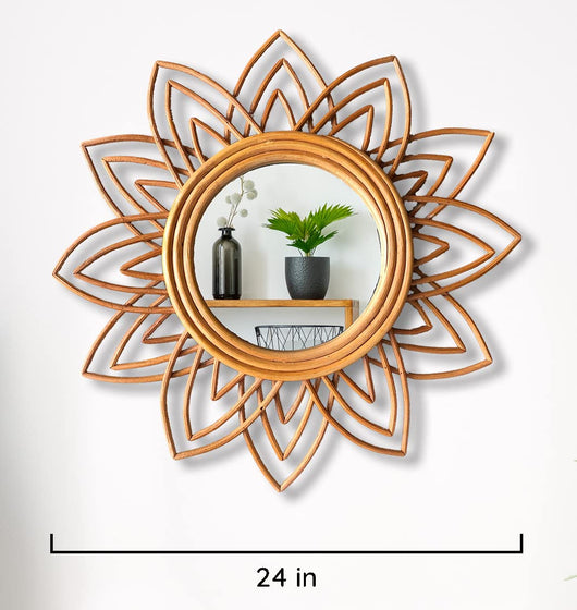 Boho Rattan Floral Wall Mirror 24 Inch - Coastal Wicker Natural Wall Decor & Large Round Bohemian Hanging Mirrors, Suitable for Home, Living Room, Office, Bedroom**New, small crack from shipping**