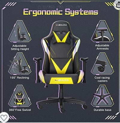 Hbada Gaming Chair Racing Style Ergonomic High Back Computer Chair with Height Adjustment, Headrest and Lumbar Support E-Sports Swivel Chair- new and assembled