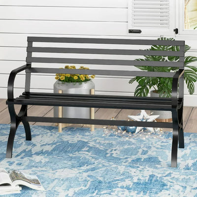 Phi Villa 48.8" Metal Outdoor Durable Garden Bench in Black!  -Brand new in the box, assembly is required