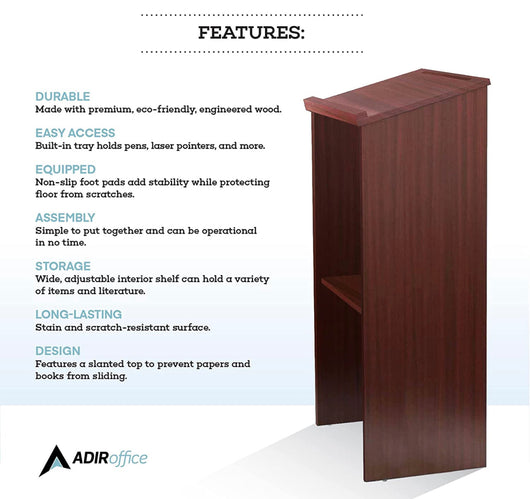 Adir Podium Wood Stand- Standing Desk for Speakers with Storage Shelf Used as Wooden Standing Shelf for Church, Classroom, Office, Restaurants (46.25 Inches, Mahogany)- NEW IN BOX