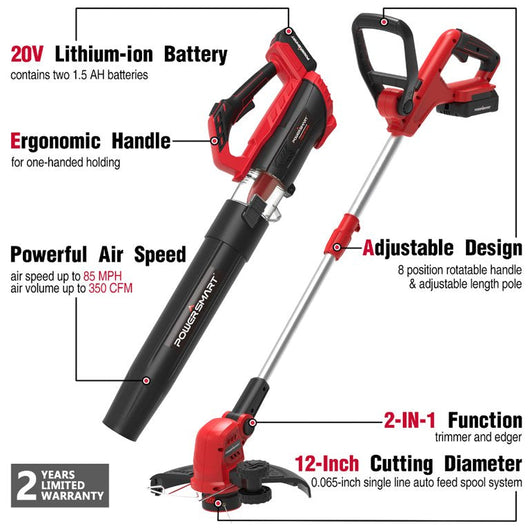 PowerSmart 20V Lithium-Ion Cordless String Trimmer and Blower Combo Kit, PS76116A Two Battery and One Charger Include**new in box**