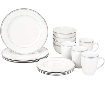 Amazon Basics 16-Piece Cafe Stripe Kitchen Dinnerware Set, Plates, Bowls, Mugs - Service for 4, Grey- NEW IN BOX!!!