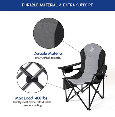 Coastrail Outdoor Camping Chair Oversized Padded Folding Quad Arm Chairs with Lumbar Back Support, Cooler Bag, Cup Holder & Side Pocket, Extra Head Pocket, Supports 400 lbs,Black- NEW OUT OF BOX!!!