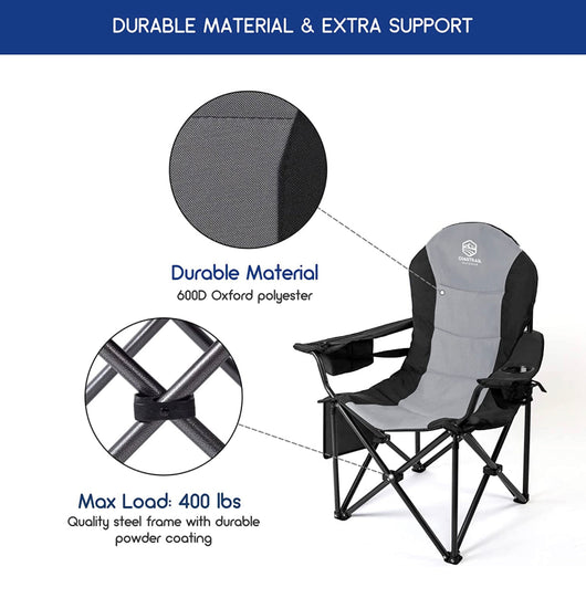 Coastrail Outdoor Camping Chair Oversized Padded Folding Quad Arm Chairs with Lumbar Back Support, Cooler Bag, Cup Holder & Side Pocket, Extra Head Pocket, Supports 400 lbs,Black- NEW OUT OF BOX!!!