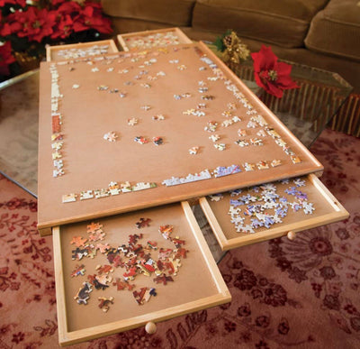 Bits and Pieces - The Original Jumbo 1500 pc Wooden Puzzle Plateau-Smooth Fiberboard Work Surface - Four Sliding Drawers Complete This Puzzle Storage System- NEW IN BOX!!!