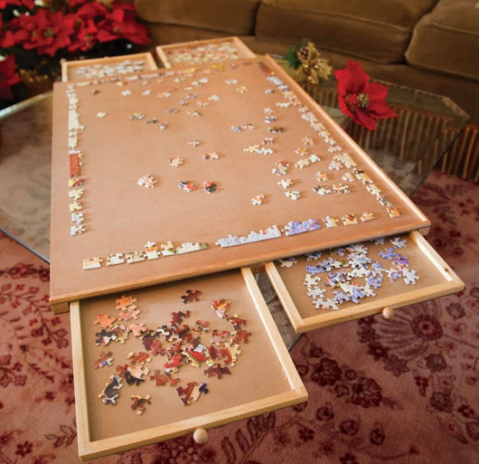 Bits and Pieces - The Original Jumbo 1500 pc Wooden Puzzle Plateau-Smooth Fiberboard Work Surface - Four Sliding Drawers Complete This Puzzle Storage System- NEW IN BOX!!!