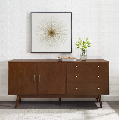 Walker Edison 70" Mid Century Modern 3 Drawer 2-Door Sideboard in Walnut- NEW IN BOX!!!