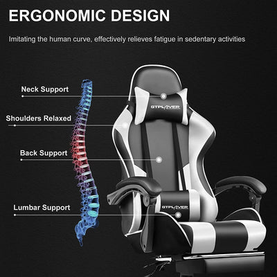 GTPLAYER Gaming Chair, Computer Chair with Footrest and Lumbar Support, Height Adjustable Game Chair with 360°-Swivel Seat and Headrest and for Office or Gaming (White)**New and Assembled**