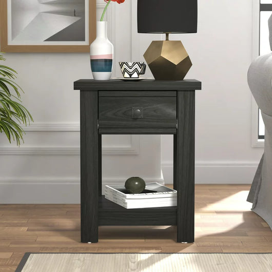 Coover Wood Rectangular End Table with 1 Drawer, Black**New in box**