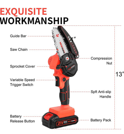 Mini Cordless Chainsaw Kit, Upgraded 4" One-Hand Handheld Electric Portable Chainsaw, 21V Rechargeable Battery Operated, for Tree Trimming and Branch Wood Cutting by New Huing!  -Brand new in the carry case