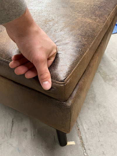 Simpli Home Owen Faux Air Leather Square Coffee Table Ottoman in Chestnut Brown**New and assembled,minor alignment issue shown in photo**