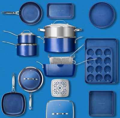 Granitestone Blue 20 Piece Pots and Pans Set, Complete Cookware & Bakeware Set with Ultra Nonstick Durable Mineral & Diamond Surface, Stainless Stay Cool Handles Oven & Dishwasher Safe, 100% PFOA Free- new in box