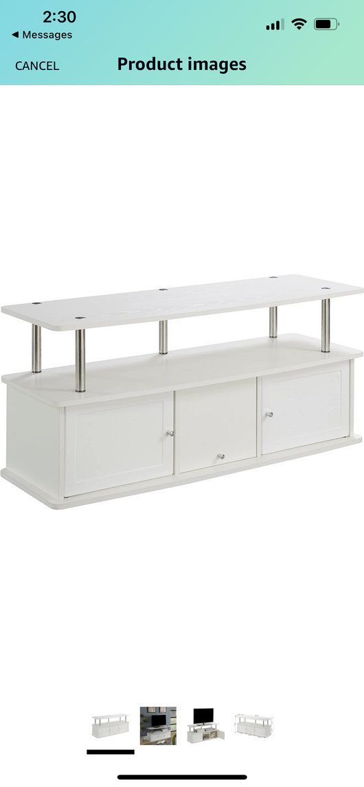 Convenience Concepts Designs2Go 50 inch TV Stand with 3 Storage Cabinets and Shelf, White- NEW IN BOX!!!