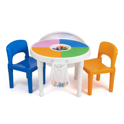 Humble Crew Kids 3pc Plastic Dry-Erase Activity Table & Chair Set with 100 Building Blocks, White, Orange, Blue**New in box**