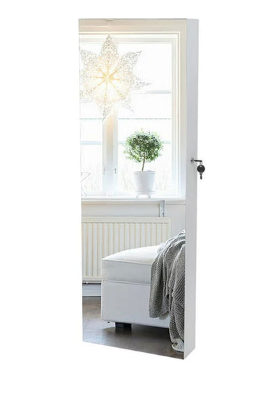 UBesGoo Jewelry Cabinet Box Full Mirror Wooden Wall Mounted 4-Layer Shelf 2 Drawers With Inner Mirror, White- NEW IN BOX!!!