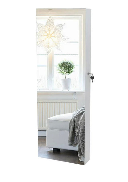 UBesGoo Jewelry Cabinet Box Full Mirror Wooden Wall Mounted 4-Layer Shelf 2 Drawers With Inner Mirror, White- NEW IN BOX!!!