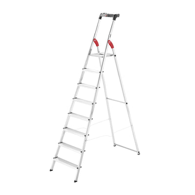 Hailo L60 StandardLine | Aluminum Folding Stepladder | Eight Steps | Integrated Multifunctional Storage Tray | Stable tie bar Guide | Patented HAILO Hinge Protection | Rustproof | Silver (9204016006)**New**
