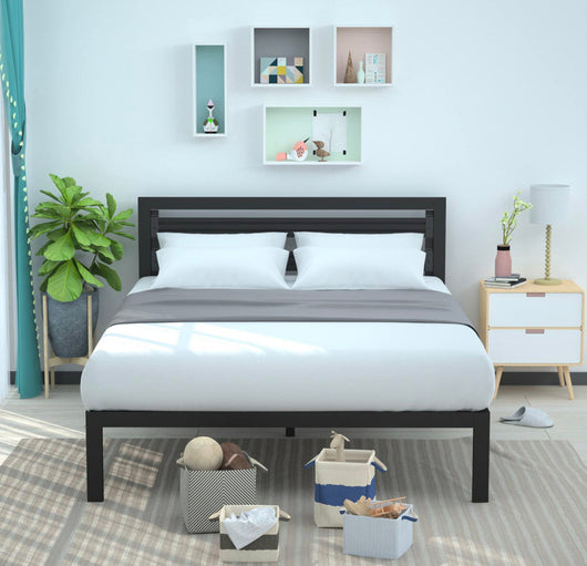 Amazon Basics Industrial Metal Bed Frame with Headboard and Wood Slats, 14 Inches High, Full, Black- NEW IN BOX!!!!