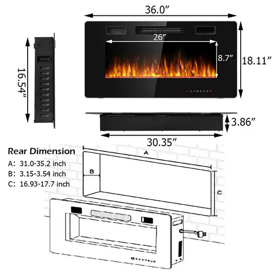 Costway 36'' Electric Fireplace Recessed Ultra Thin Wall-Mounted Heater w/Multicolor Flame!  -Brand new in the box